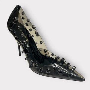 GOOD‎ AMERICAN LIGHT SMOKE BLACK JEWELED STILETTO HEEL EMMA SIZE 7 New in Box